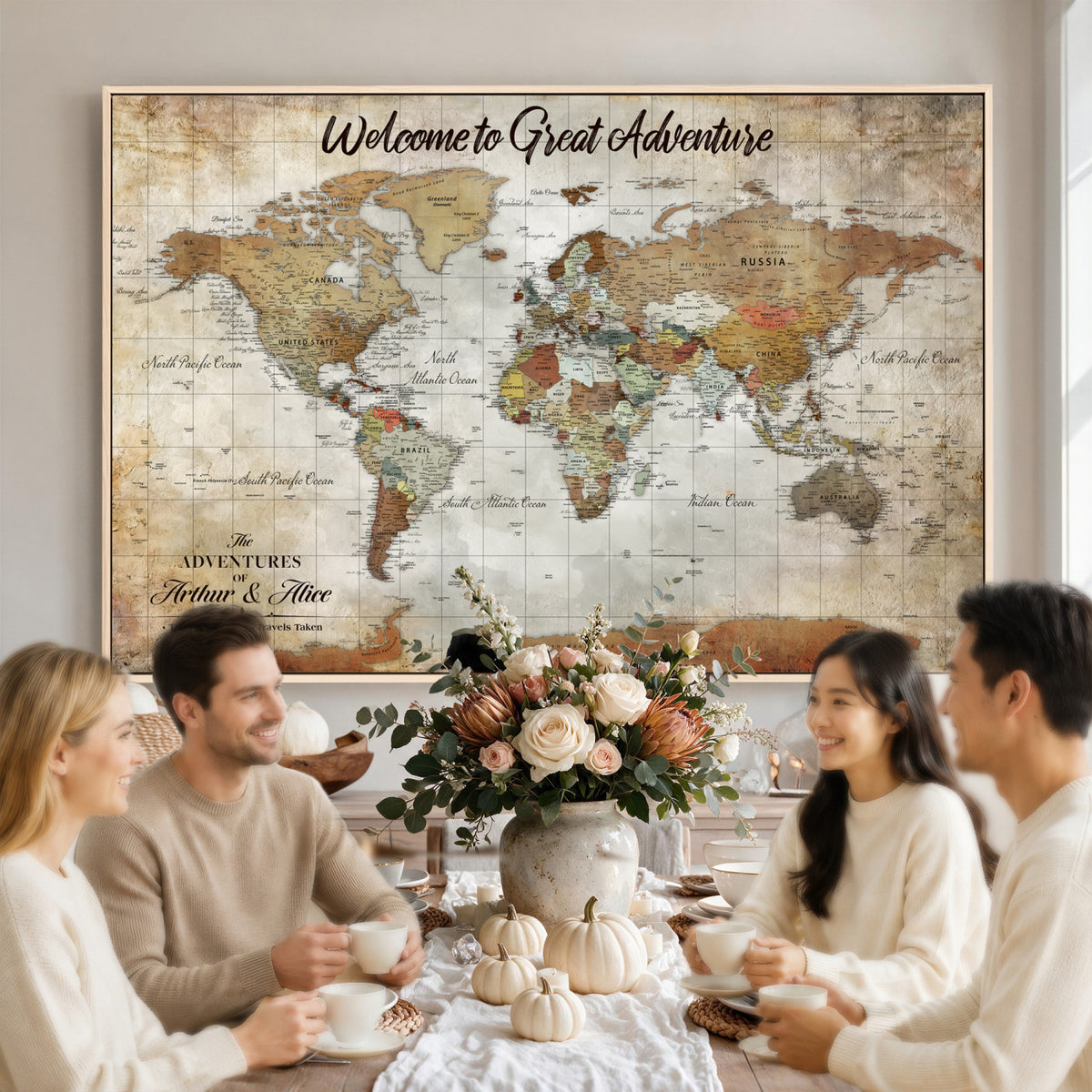 22906161-MGV-CV-36X24 - Personalized Beige Push Pin World Map Wall Art, Bucket List Map, Living Room and Family Room Decor