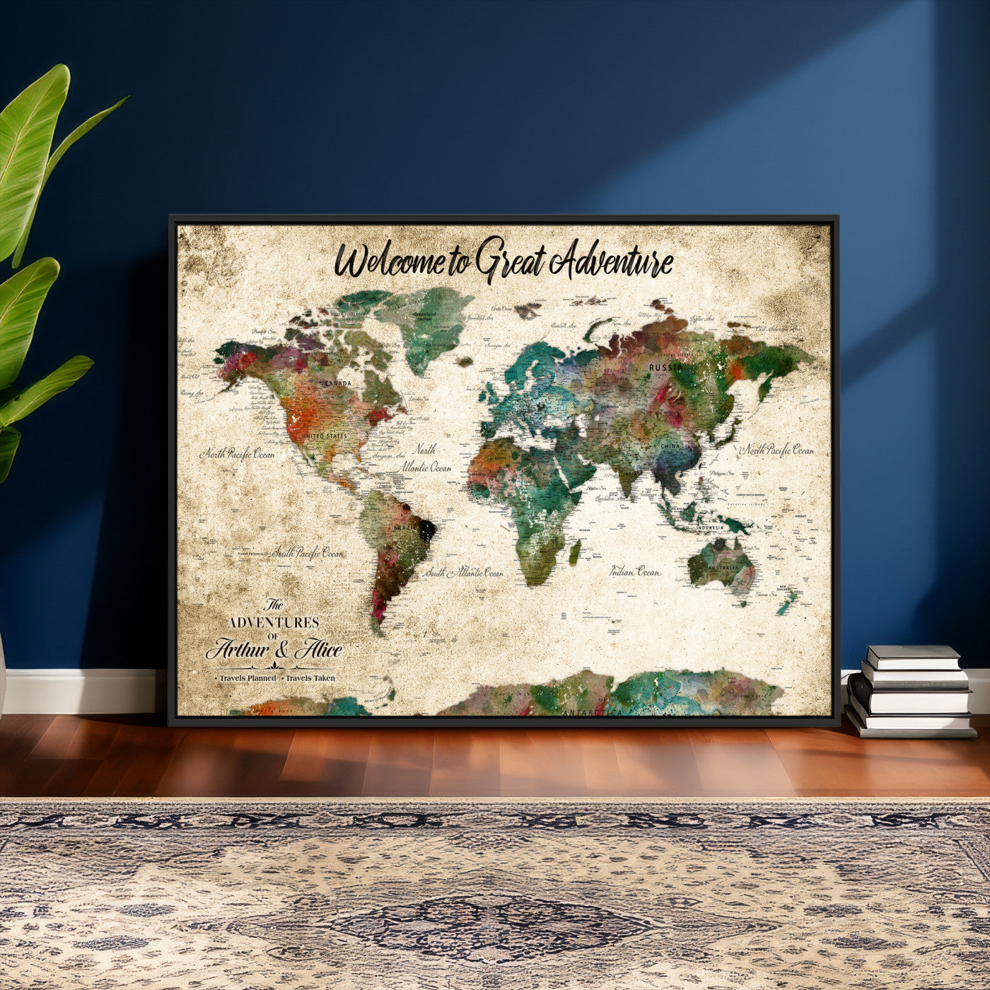 89225601-MGV-CV-36X24 - Custom Push Pin World Map Wall Art Canvas Print – Personalized Travel Tracker with Pins Framed Large for Home and Office Decor