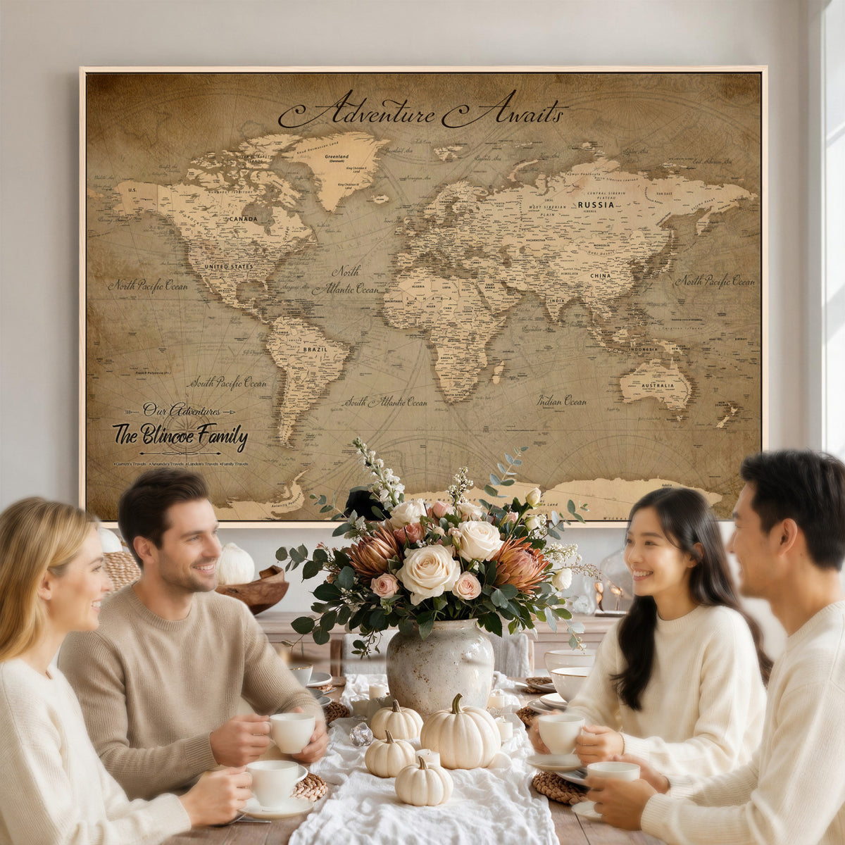 59418012-MGV-CV-36X24 - Personalized Framed Beige World Travel Map Wall Art with Pins, Family Travel Tracker, Family Room and Entryway Decor