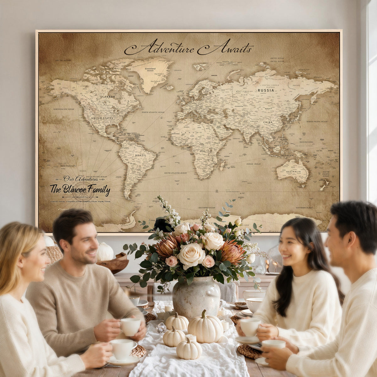 59757370-MGV-CV-36X24 - Personalized Black Modern Push Pin World Map Wall Art, Places Visited Tracker, Family Room and Bedroom Decor