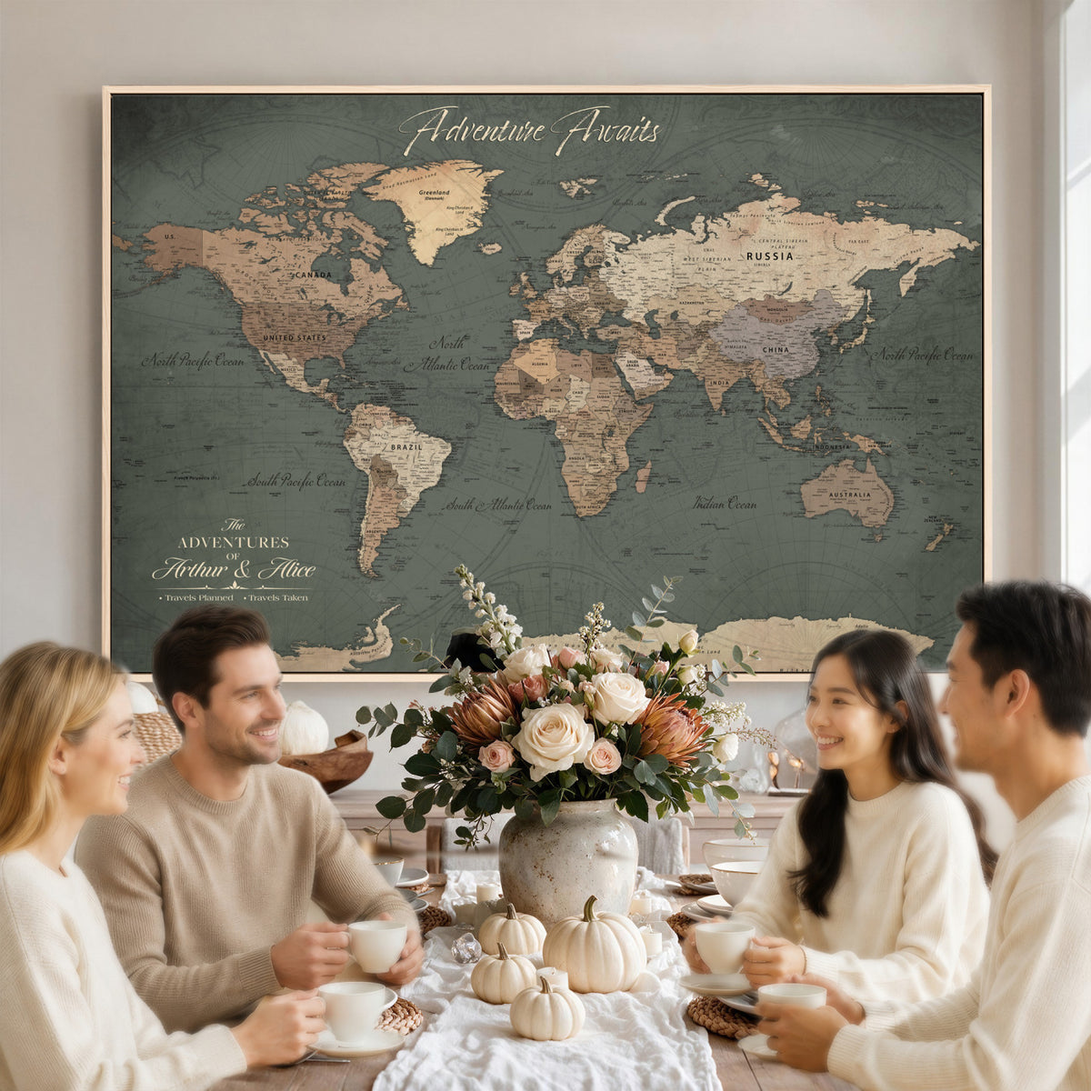 24734446-MGV-CV-36X24 - Personalized Framed Beige Modern World Map Canvas with Push Pins, Bucket List Map, Family Room and Dining Room Decor