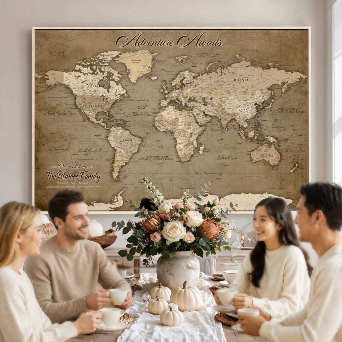 96775856-MGV-CV-36X24 - Custom Beige Modern Push Pin World Map Canvas Print, Family Travel Tracker, Dining Room and Home Office Decor
