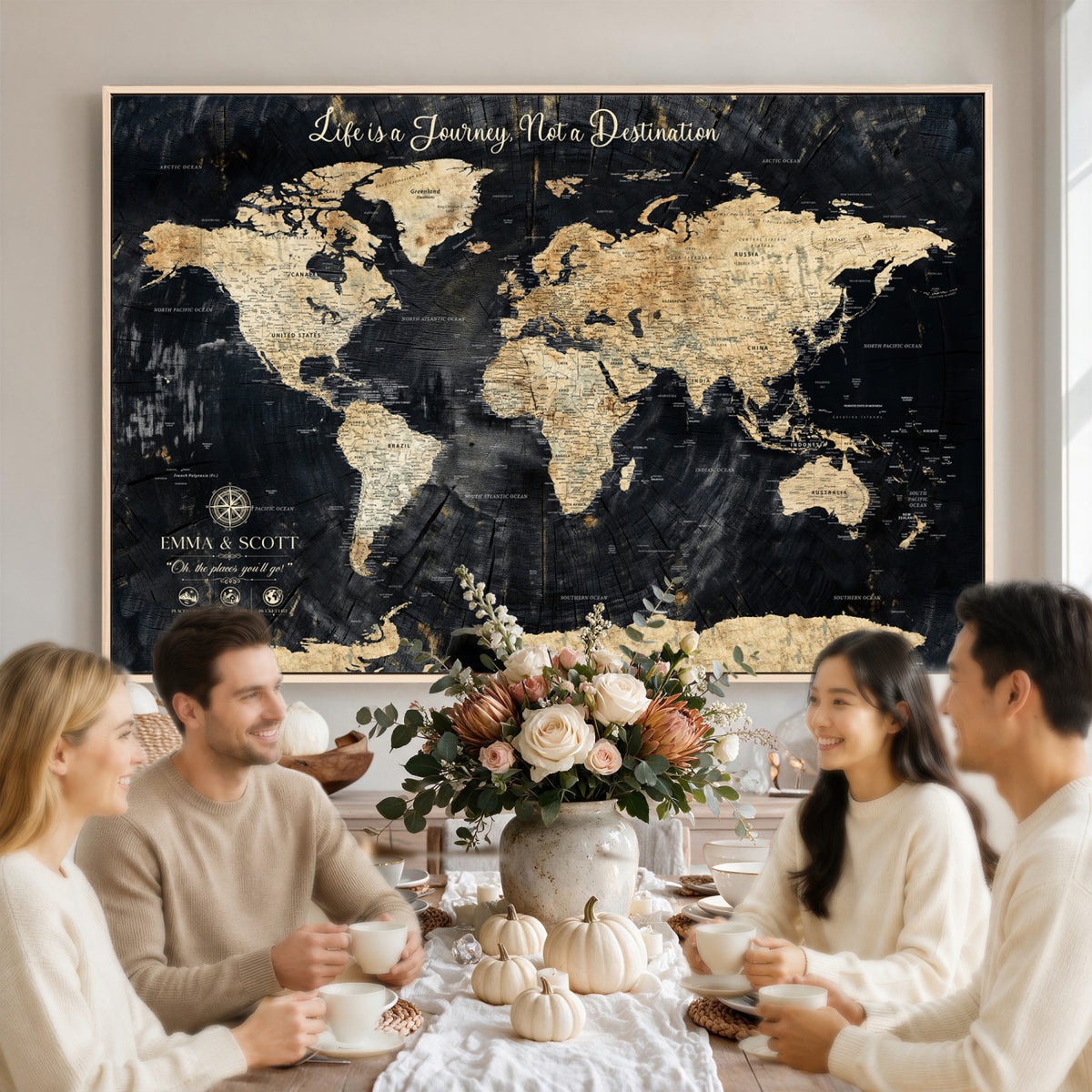NEWMAP-13-MGV-CV-36X24 - Personalized Framed Navy Modern Push Pin World Map Canvas Print, Couples Countries Visited Map, Family Room and Study Decor