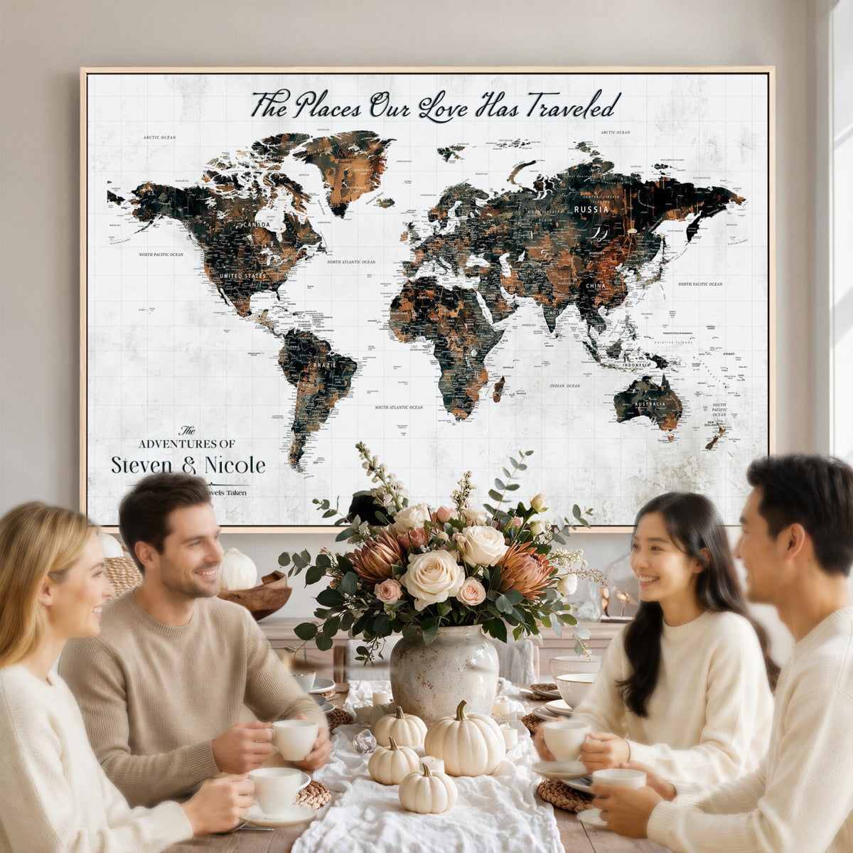 29090064-MGV-CV-36X24 - Personalized Beige Push Pin World Map Canvas Print, Honeymoon and Anniversary Gift, Living Room and Dining Room Decor