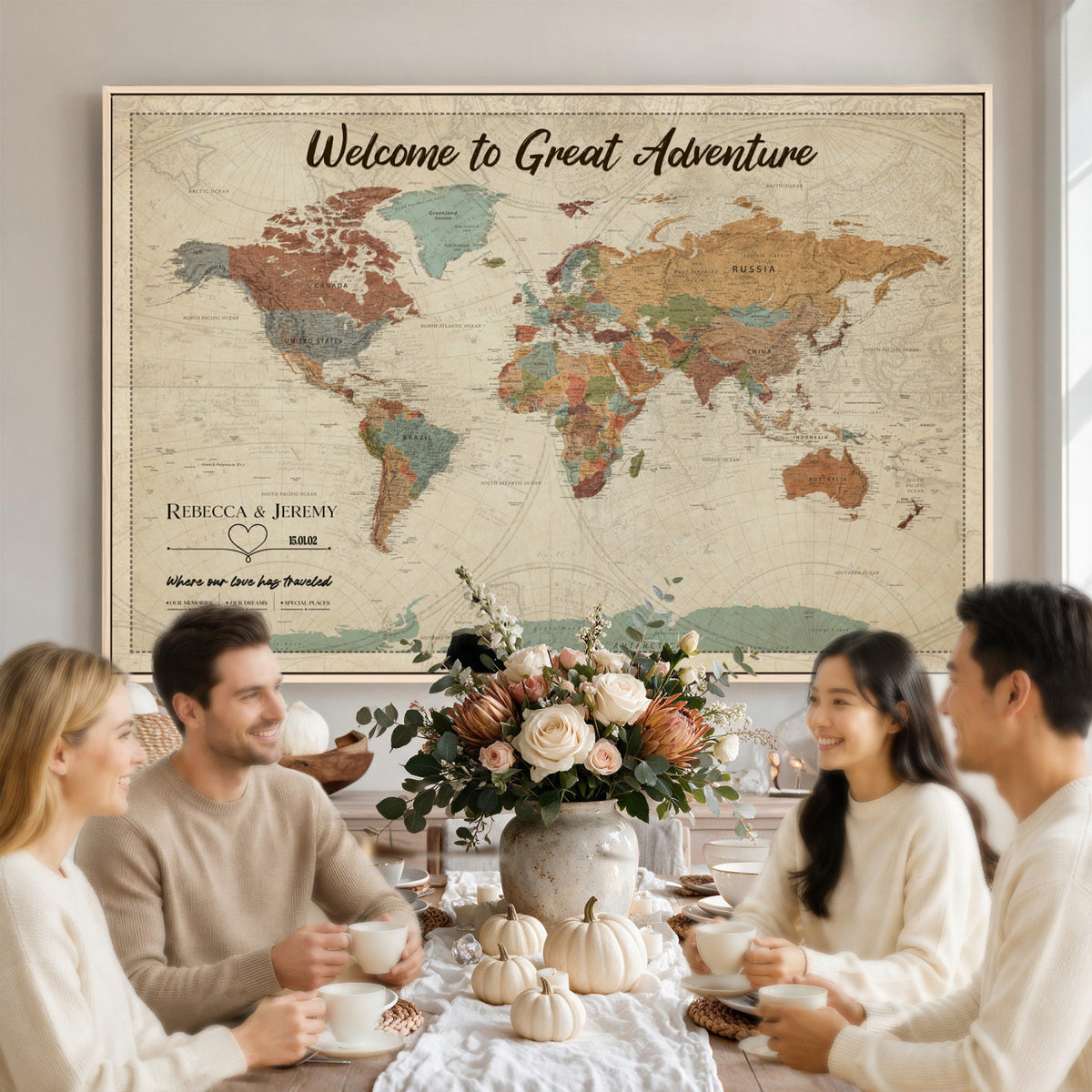 44361524-MGV-CV-36X24 - Custom Push Pin World Map Wall Art Canvas Print | Personalized Travel Tracker with Pins Framed Large for Home and Office Decor