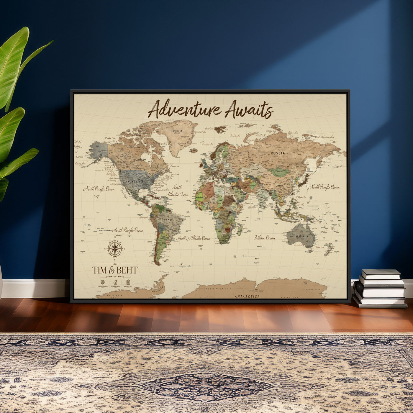 72027187-MGV-CV-36X24 - Custom Push Pin World Map Wall Art Canvas Print – Personalized Travel Tracker with Pins Framed Large for Home and Office Decor