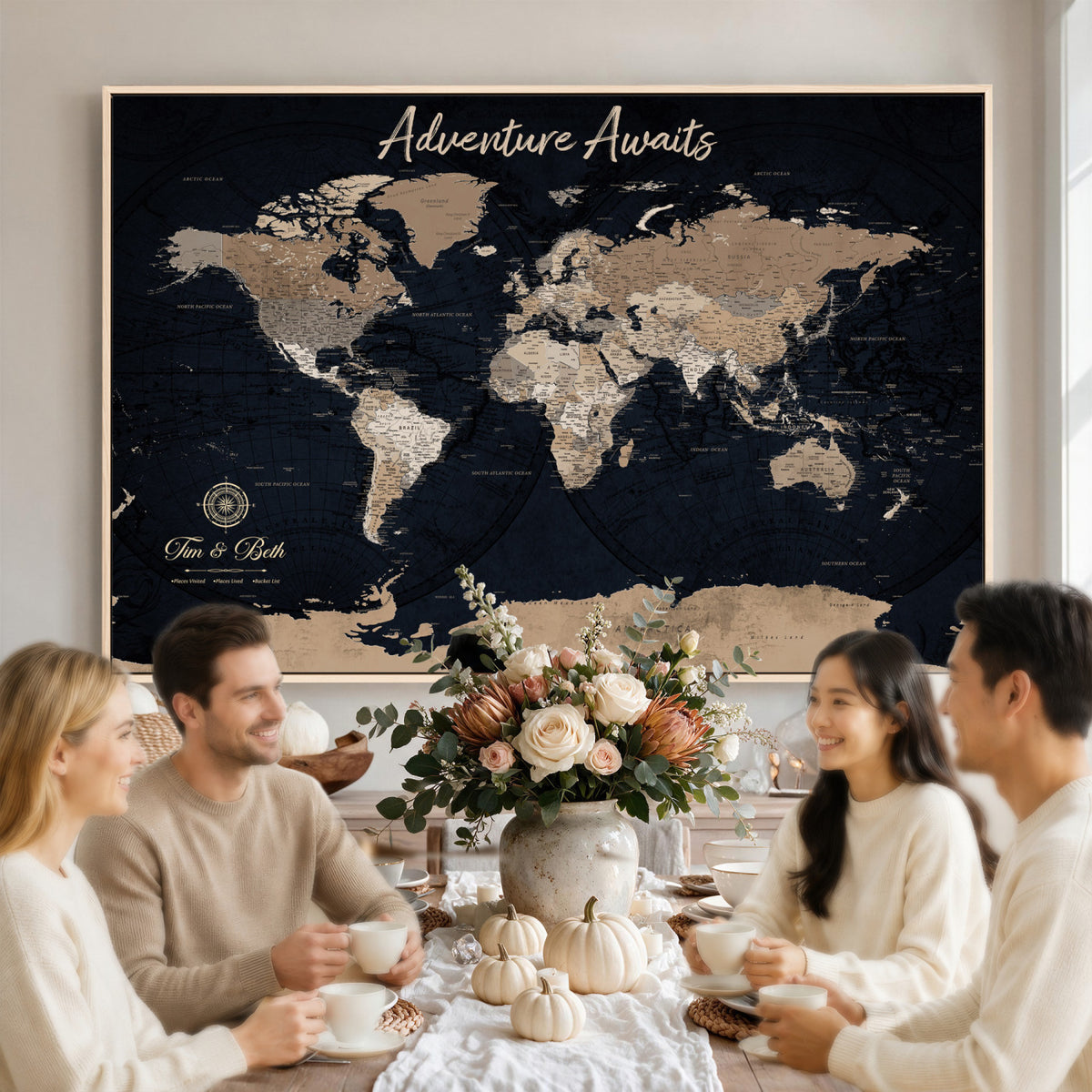 66938317-MGV-CV-36X24 - Custom Push Pin World Map Wall Art Canvas Print | Personalized Travel Tracker with Pins Framed Large for Home and Office Decor