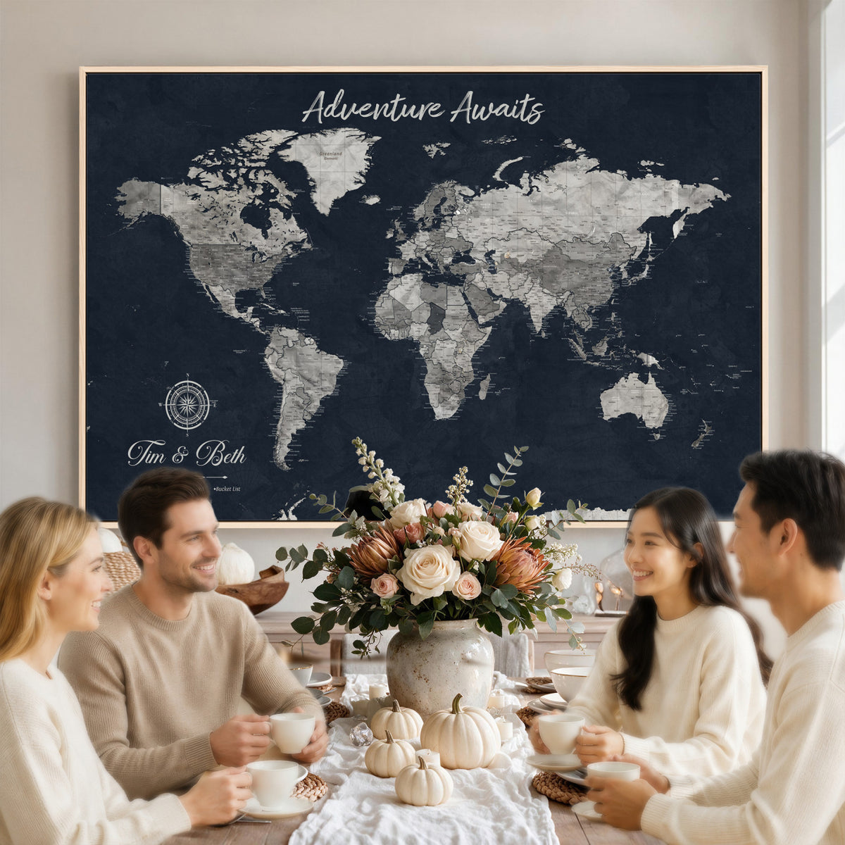 32031089-MGV-CV-36X24 - Custom Push Pin World Map Wall Art Canvas Print | Personalized Travel Tracker with Pins Framed Large for Home and Office Decor