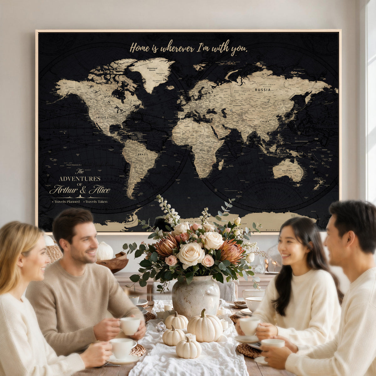 31416046-MGV-CV-36X24 - Custom Framed Beige Vintage Push Pin Travel Map Canvas Print, Honeymoon and Anniversary Gift, Study and Hallway Decor