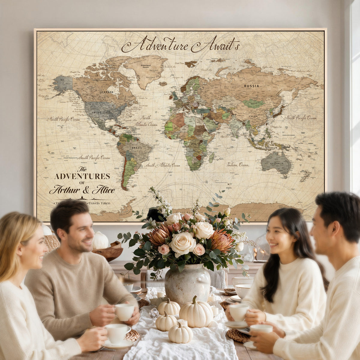 18308111-MGV-CV-36X24 - Custom Push Pin World Map Wall Art Canvas Print | Personalized Travel Tracker with Pins Framed Large for Home and Office Decor