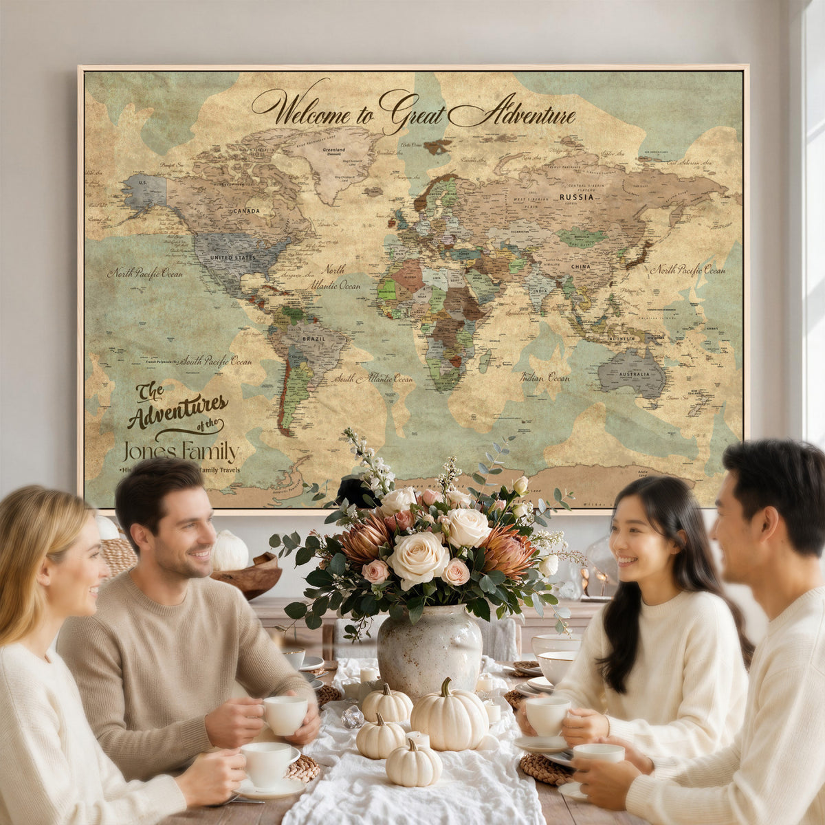 38092909-MGV-CV-36X24 - Personalized Framed Navy Vintage Push Pin World Map Wall Art, Places Visited Tracker, Bedroom and Hallway Decor
