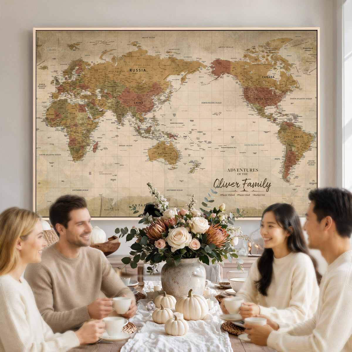 19347393-MGV-CV-36X24 - Personalized Framed Navy Modern World Map Canvas with Push Pins, Bucket List Map, Living Room and Entryway Decor