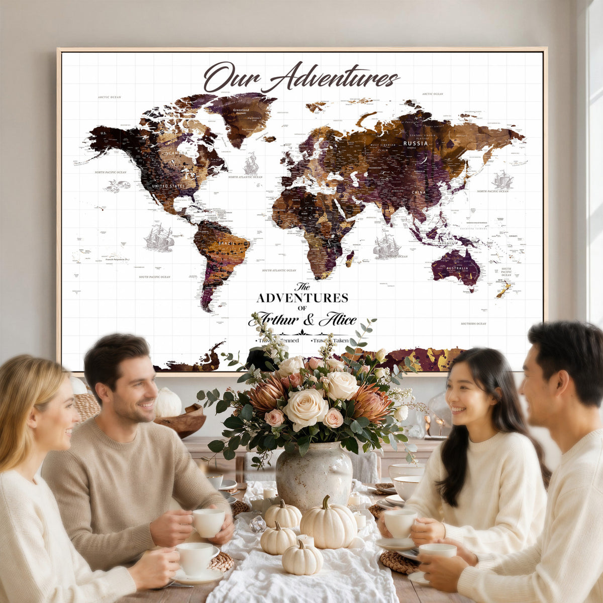 95729279-MGV-CV-36X24 - Personalized Framed Beige Vintage Push Pin Travel Map Canvas Print, Next Trip Planner Map, Home Office and Entryway Decor