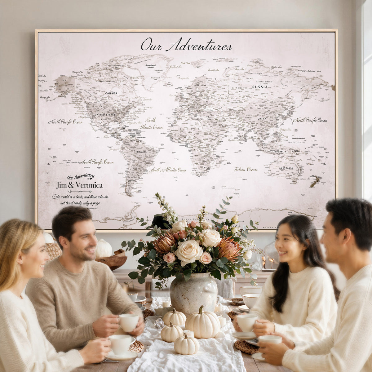 62392749-MGV-CV-36X24 - Personalized Beige Vintage World Travel Map Wall Art with Pins, Honeymoon and Anniversary Gift, Entryway and Hallway Decor