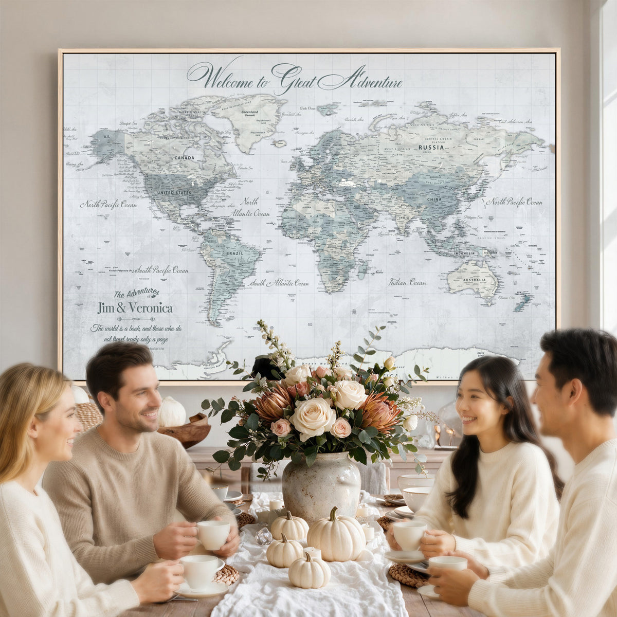 55391088-MGV-CV-36X24 - Personalized Beige Antique Push Pin World Map Canvas Print, Family Travel Tracker, Family Room and Entryway Decor