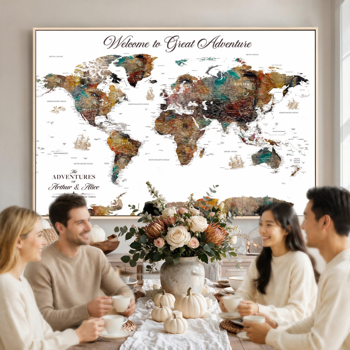 20271103-MGV-CV-36X24 - Custom Framed Beige Modern Push Pin World Map Wall Art, Couples Countries Visited Map, Study and Entryway Decor