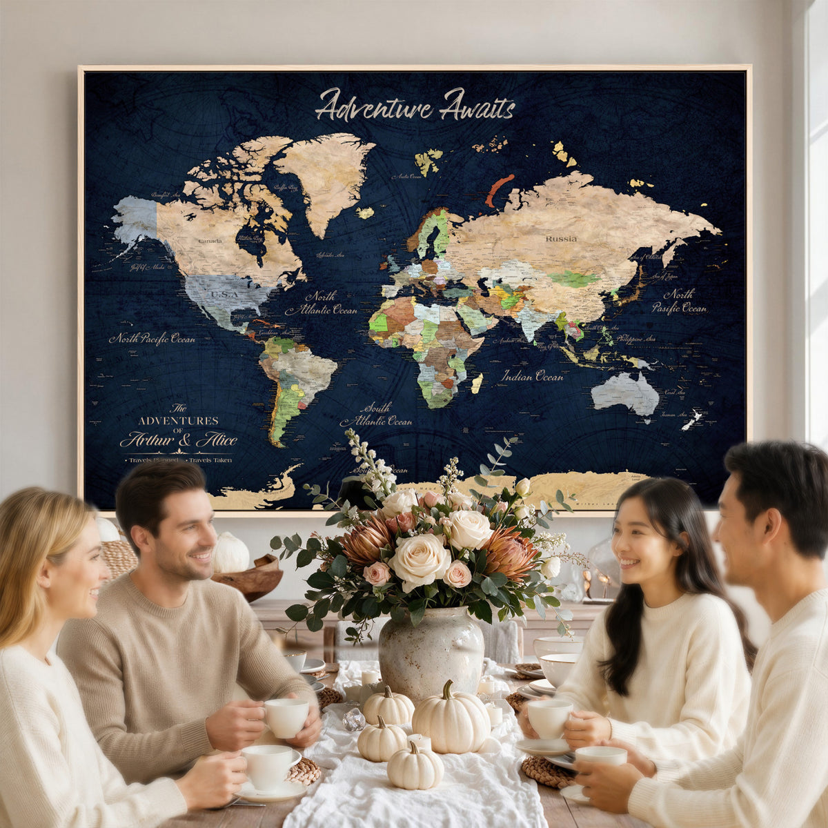 39120422-MGV-CV-36X24 - Personalized Beige Antique Push Pin Travel Map Canvas Print, Bucket List Map, Dining Room and Entryway Decor