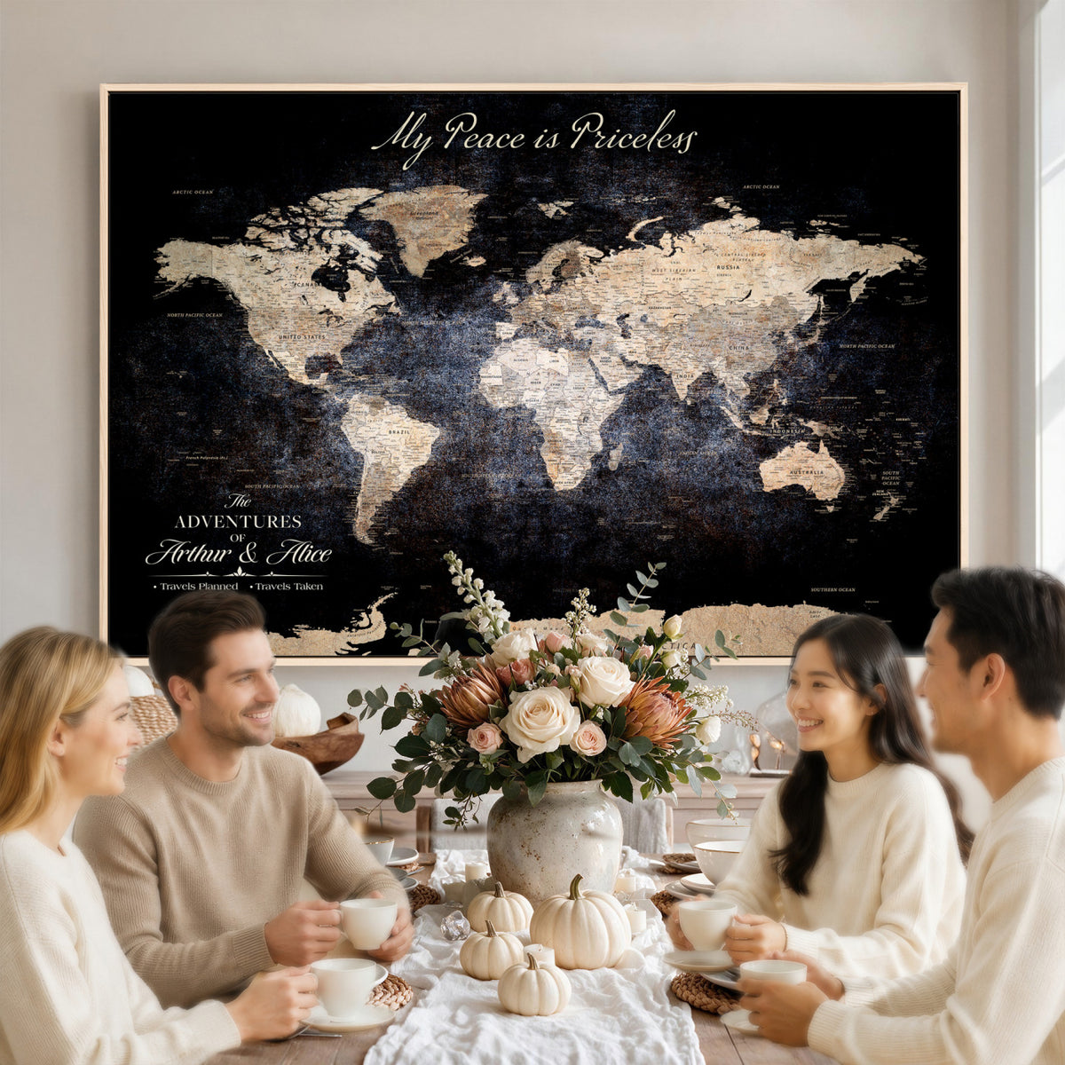 38689152-MGV-CV-36X24 - Personalized Beige World Map Canvas with Push Pins, Couples Countries Visited Map, Study and Hallway Decor
