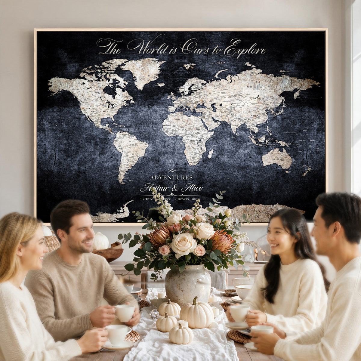 78489746-MGV-CV-36X24 - Custom Push Pin World Map Wall Art Canvas Print | Personalized Travel Tracker with Pins Framed Large for Home and Office Decor