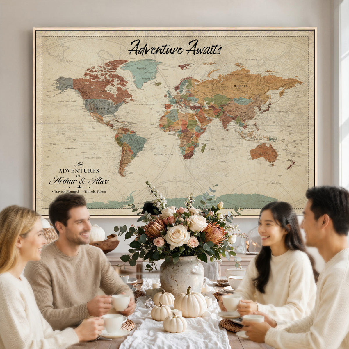 10741176-MGV-CV-36X24 - Custom Push Pin World Map Wall Art Canvas Print | Personalized Travel Tracker with Pins Framed Large for Home and Office Decor