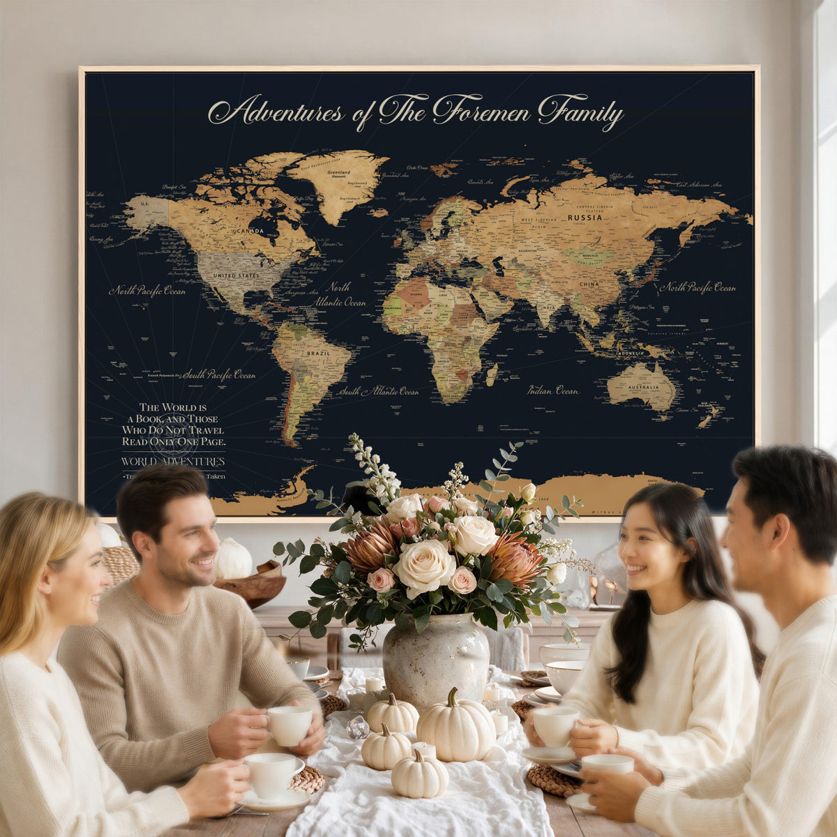 89403803-MGV-CV-36X24 - Personalized Beige Modern Family Adventure Push Pin World Map Canvas, Places Visited Tracker, Family Room and Home Office Decor