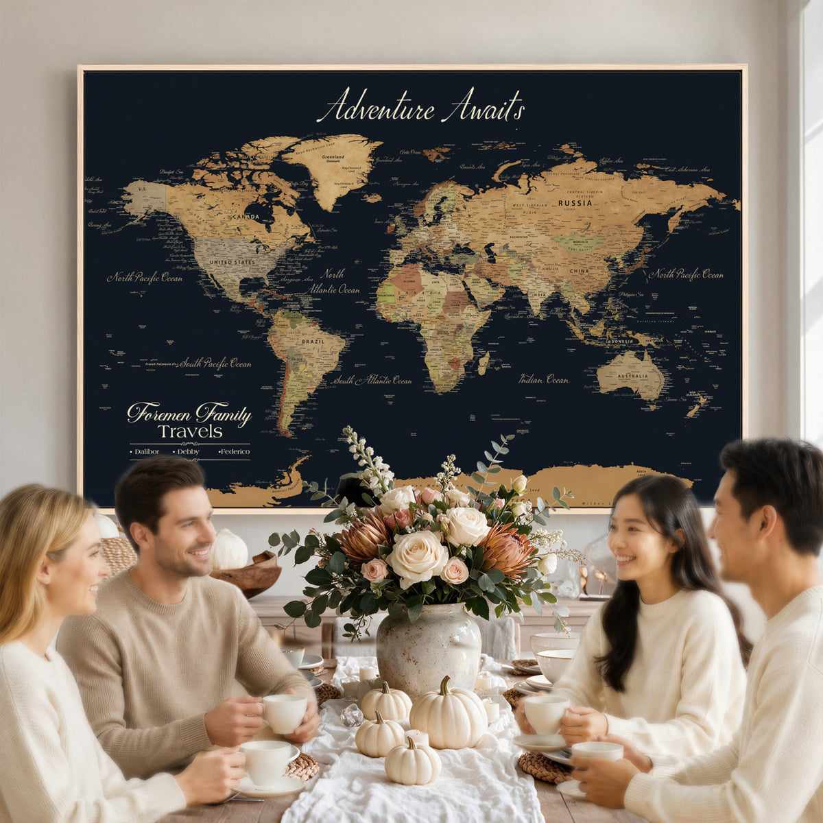 31781393-MGV-CV-36X24 - Custom Push Pin World Map Wall Art Canvas Print | Personalized Travel Tracker with Pins Framed Large for Home Decor