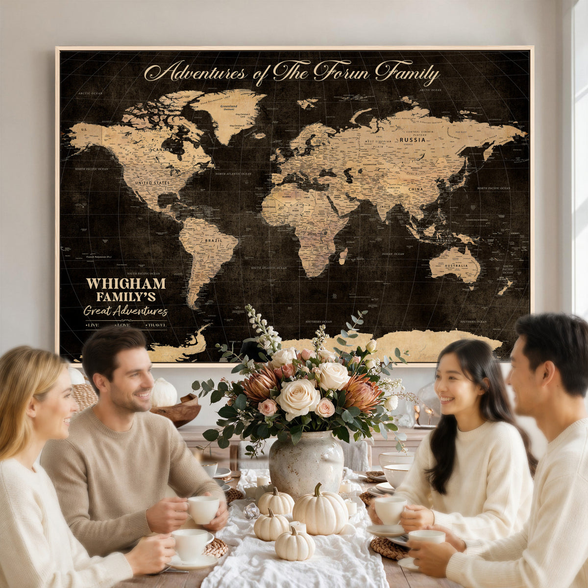 69635819-MGV-CV-36X24 - Custom Push Pin World Map Wall Art Canvas Print | Personalized Travel Tracker with Pins Framed Large for Home and Office Decor
