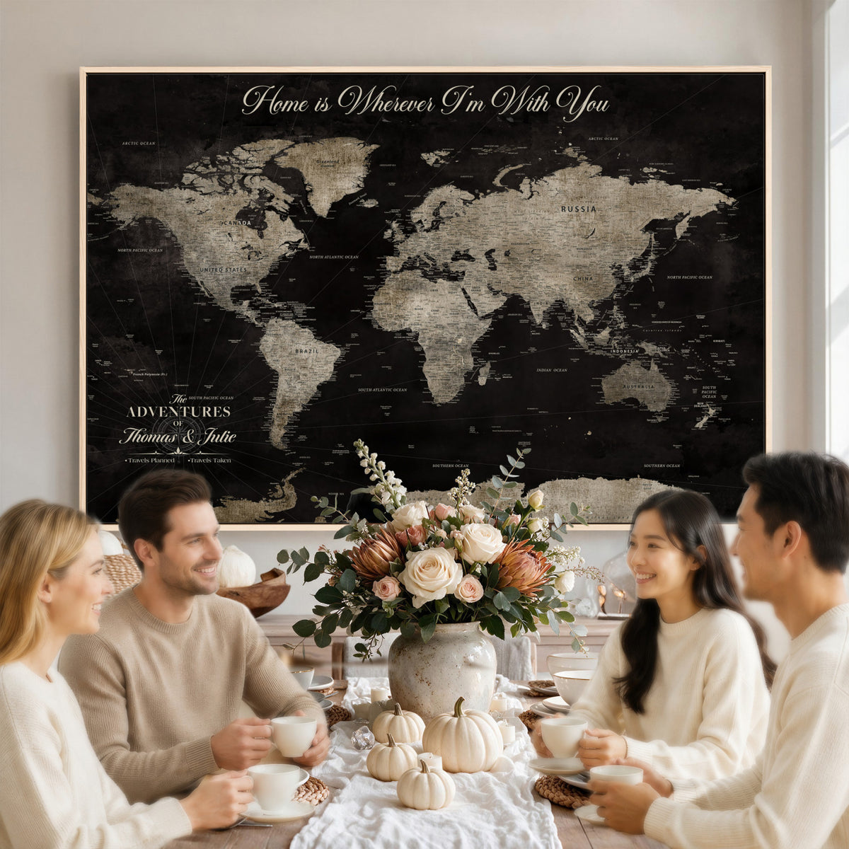 28461537-MGV-CV-36X24 - Personalized Framed Black Geometric World Map Canvas with Push Pins, Bucket List Map, Living Room and Dining Room Decor