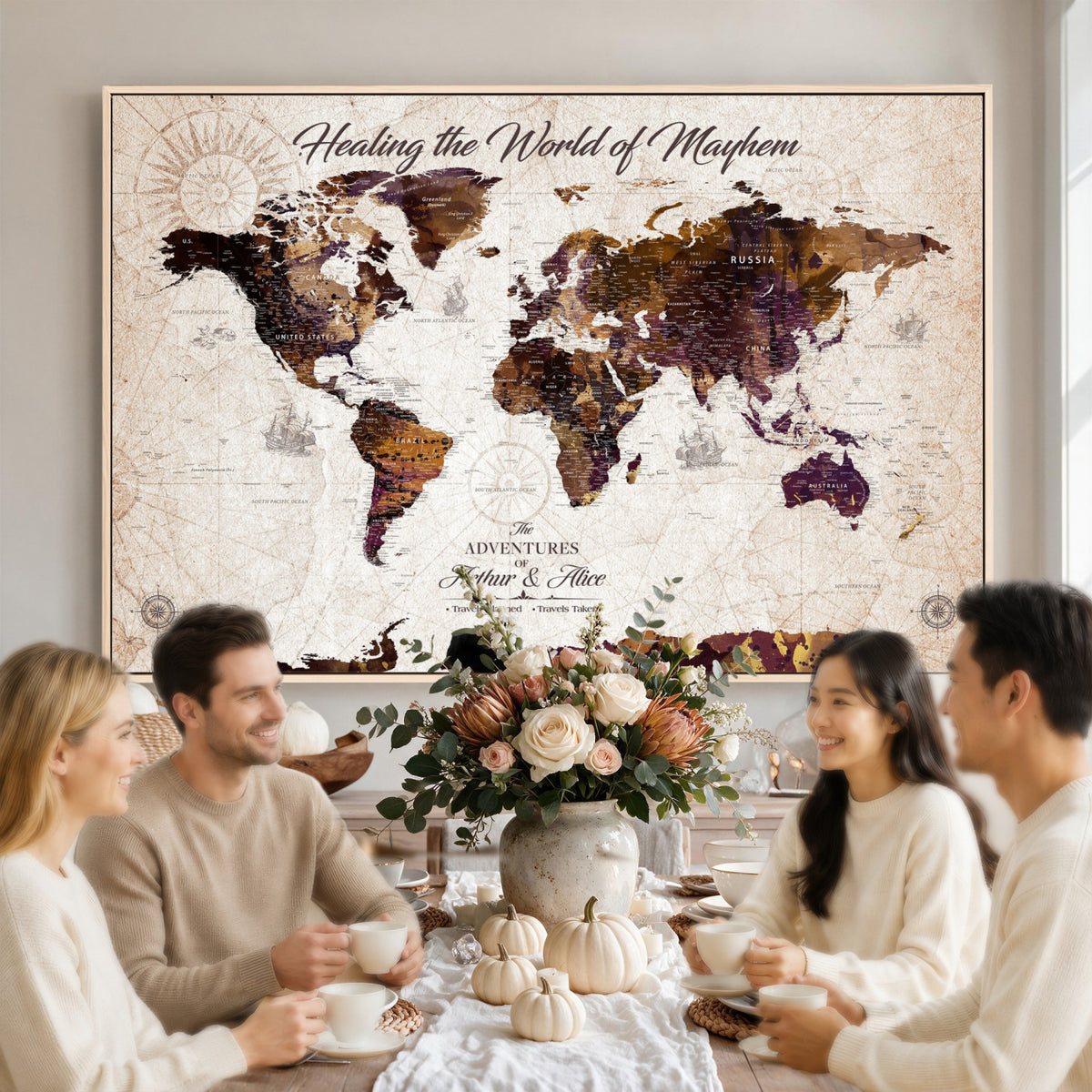 20154714-MGV-CV-36X24 - Custom Push Pin World Map Wall Art Canvas Print | Personalized Travel Tracker with Pins Framed Large for Home and Office Decor
