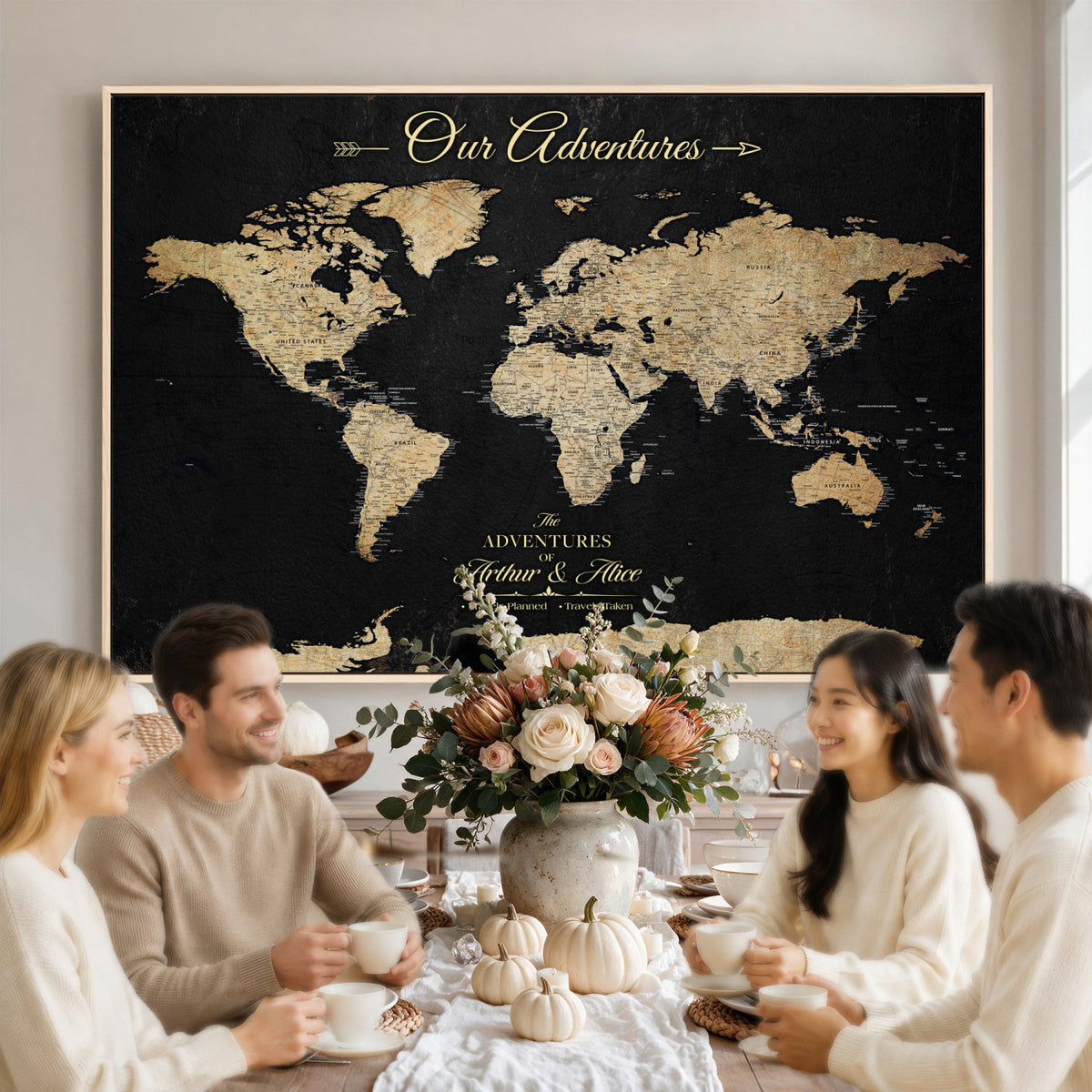 54638998-MGV-CV-36X24 - Custom Push Pin World Map Wall Art Canvas Print | Personalized Travel Tracker with Pins Framed Large for Home and Office Decor