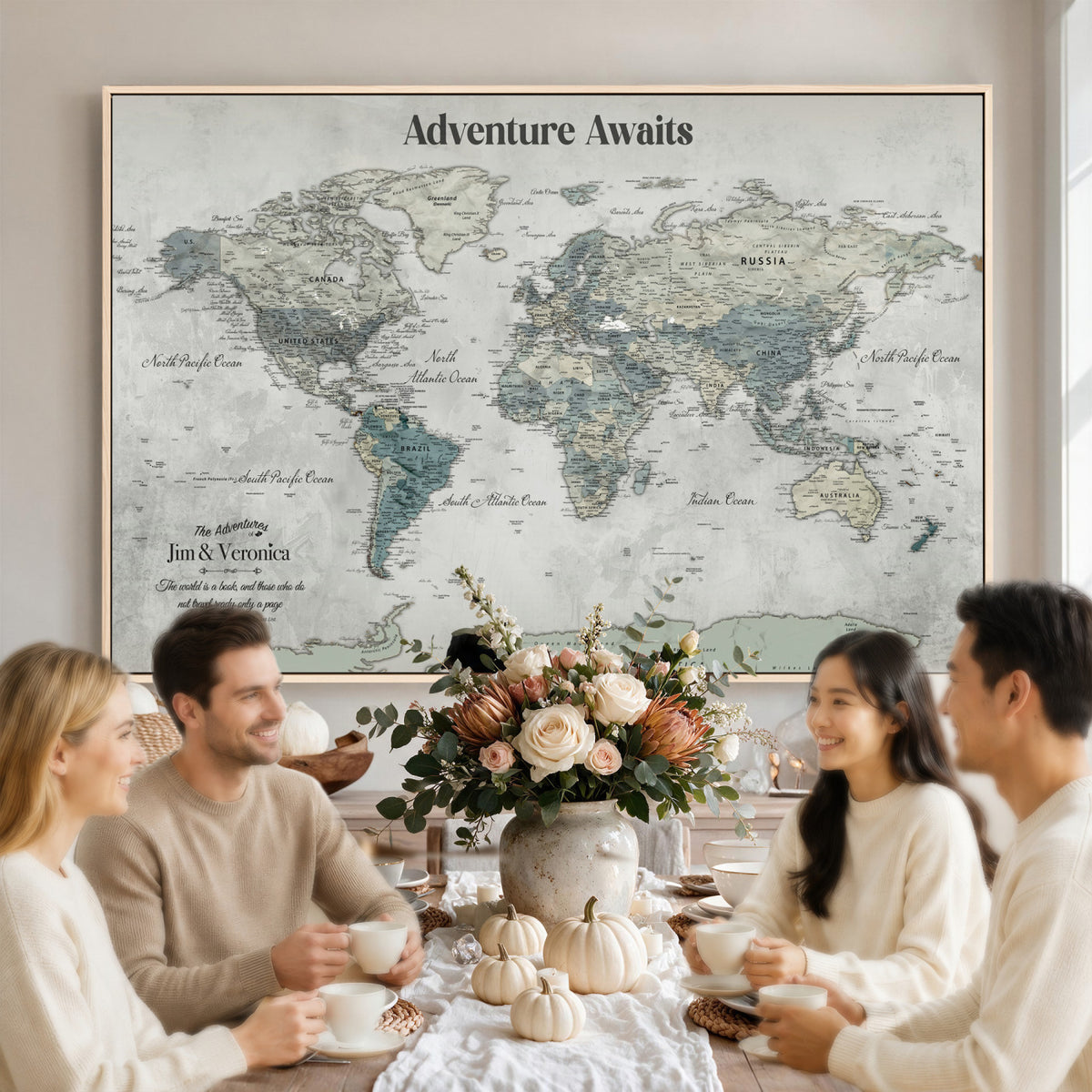 11945570-MGV-CV-36X24 - Custom Push Pin World Map Wall Art Canvas Print | Personalized Travel Tracker with Pins Framed Large for Home and Office Decor