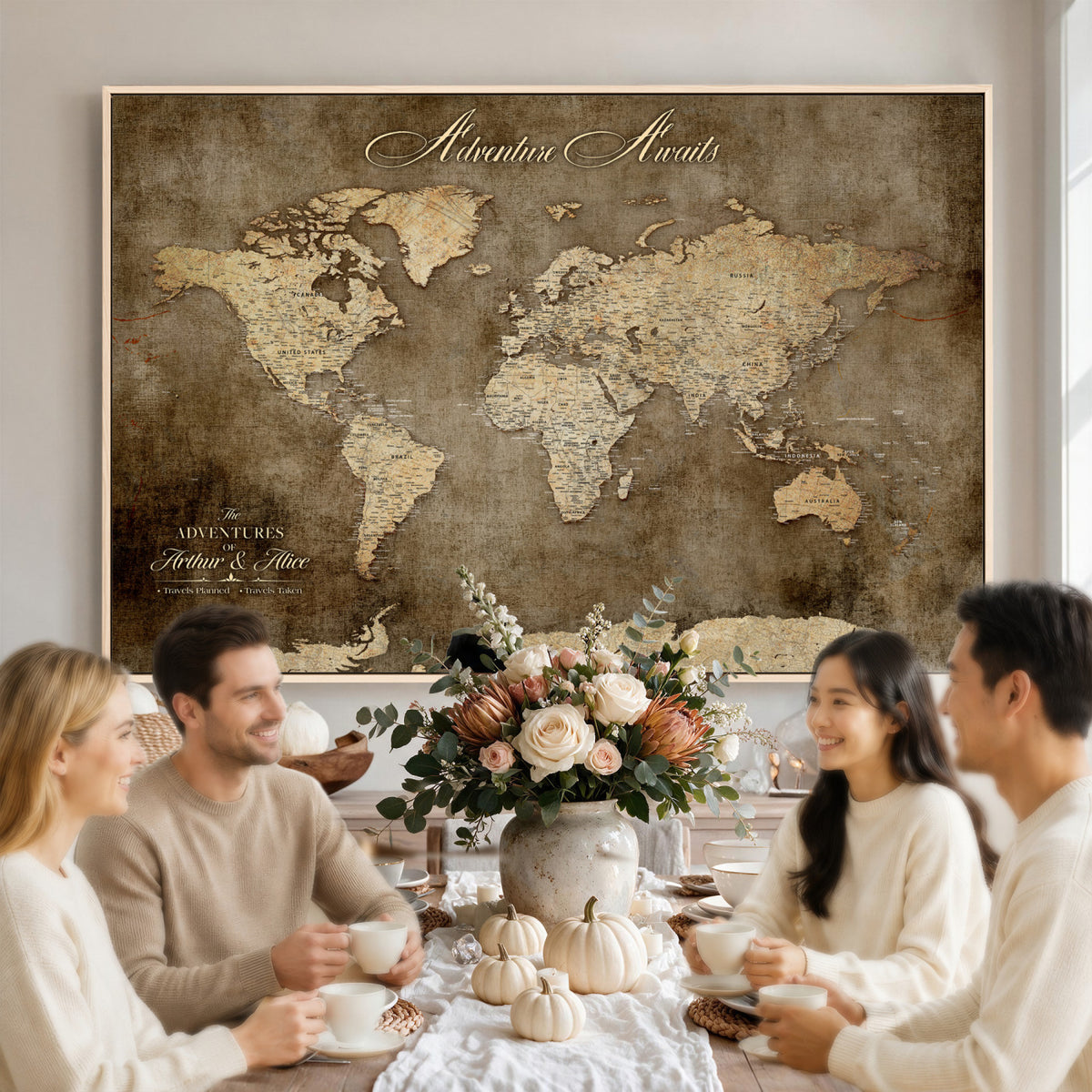 61836190-MGV-CV-36X24 - Custom Push Pin World Map Wall Art Canvas Print | Personalized Travel Tracker with Pins Framed Large for Home and Office Decor