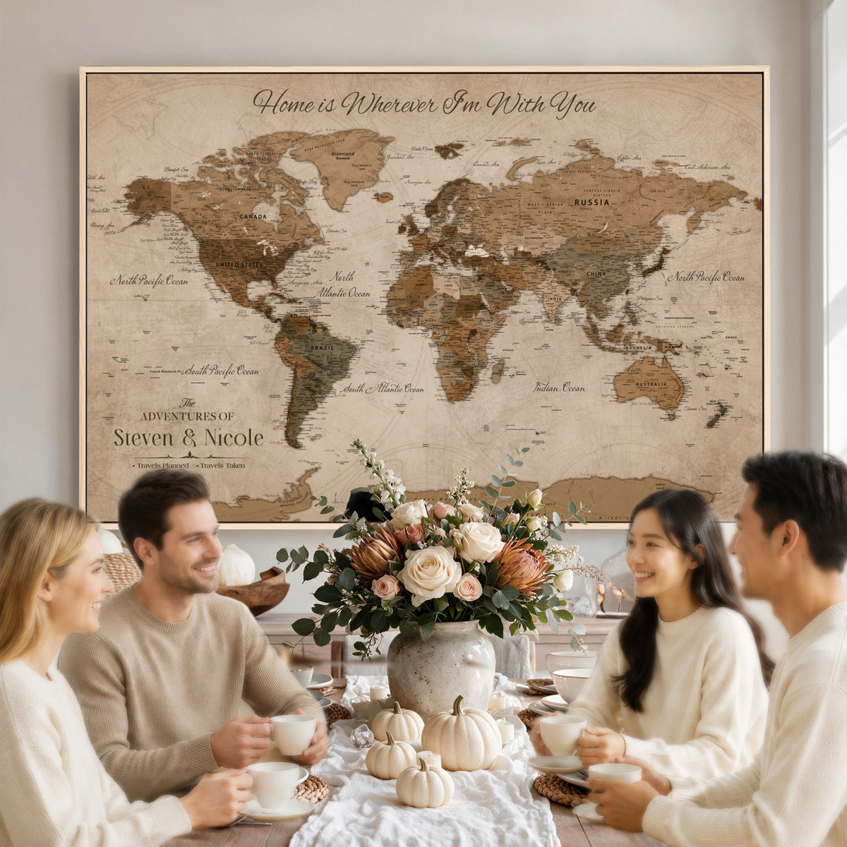 67360040-MGV-CV-36X24 - Personalized Framed Navy Geometric World Map Canvas with Push Pins, Couples Countries Visited Map, Living Room and Hallway Decor