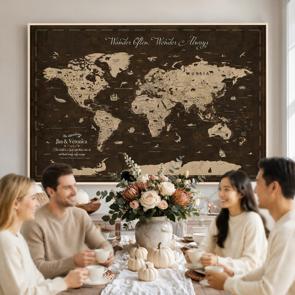20091587-MGV-CV-36X24 - Personalized Framed Navy Modern Push Pin Travel Map Canvas Print, Places Visited Tracker, Living Room and Home Office Decor
