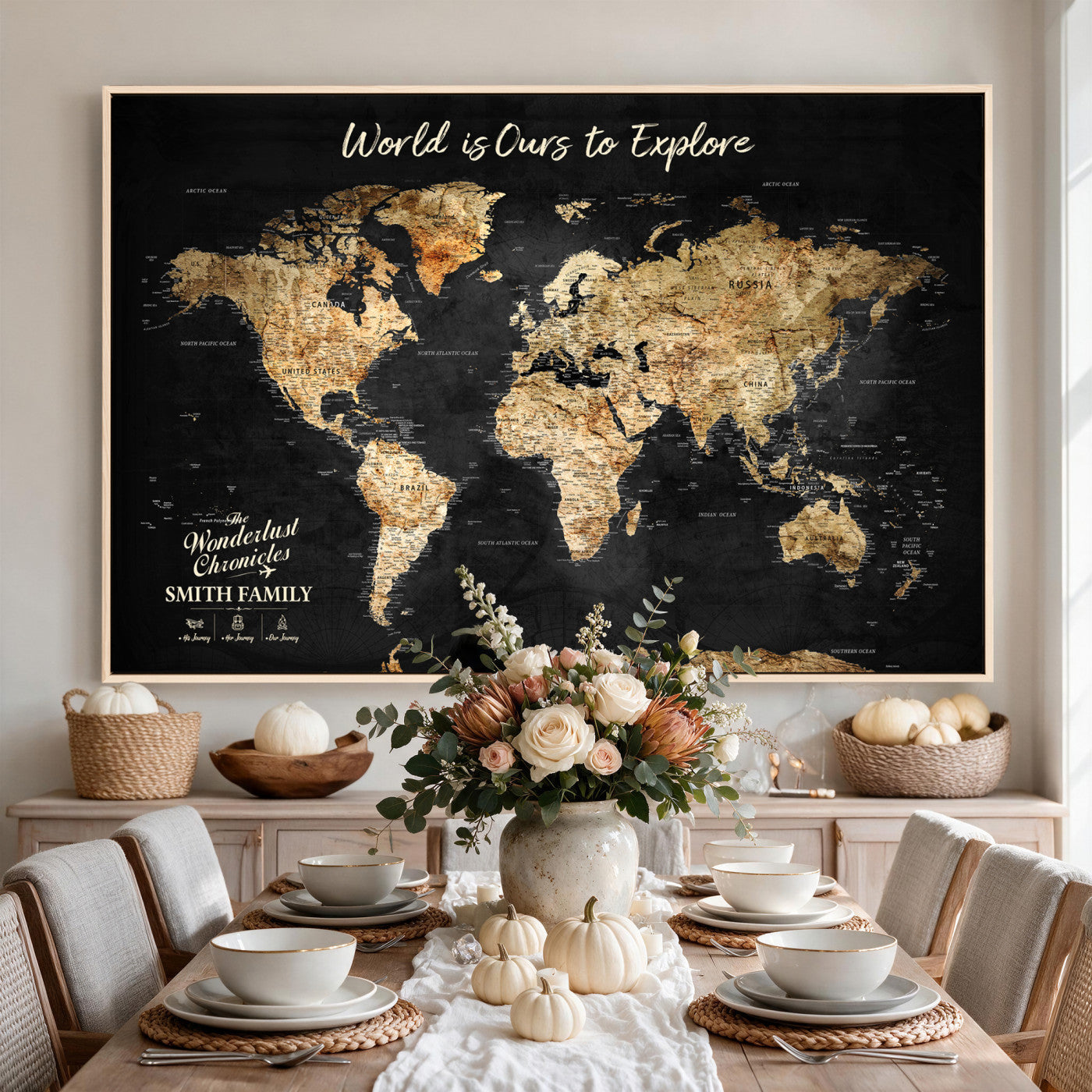 73732636-MGV-CV-36X24 - Custom Push Pin World Map Wall Art Canvas Print – Personalized Travel Tracker with Pins Framed Large for Home and Office Decor