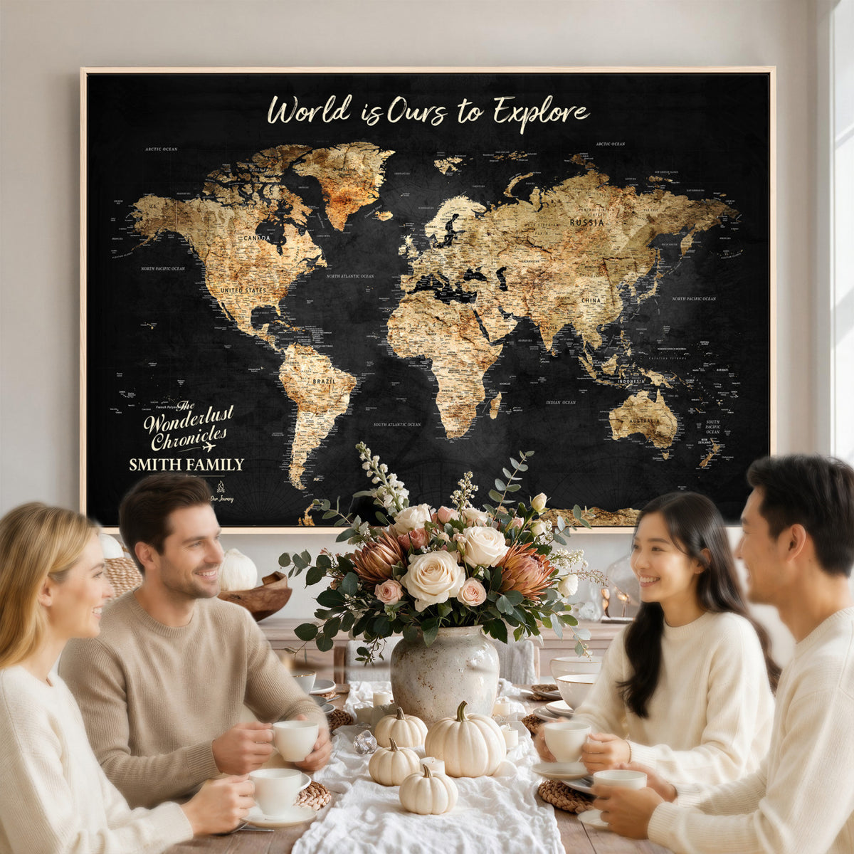 73732636-MGV-CV-36X24 - Custom Push Pin World Map Wall Art Canvas Print | Personalized Travel Tracker with Pins Framed Large for Home and Office Decor