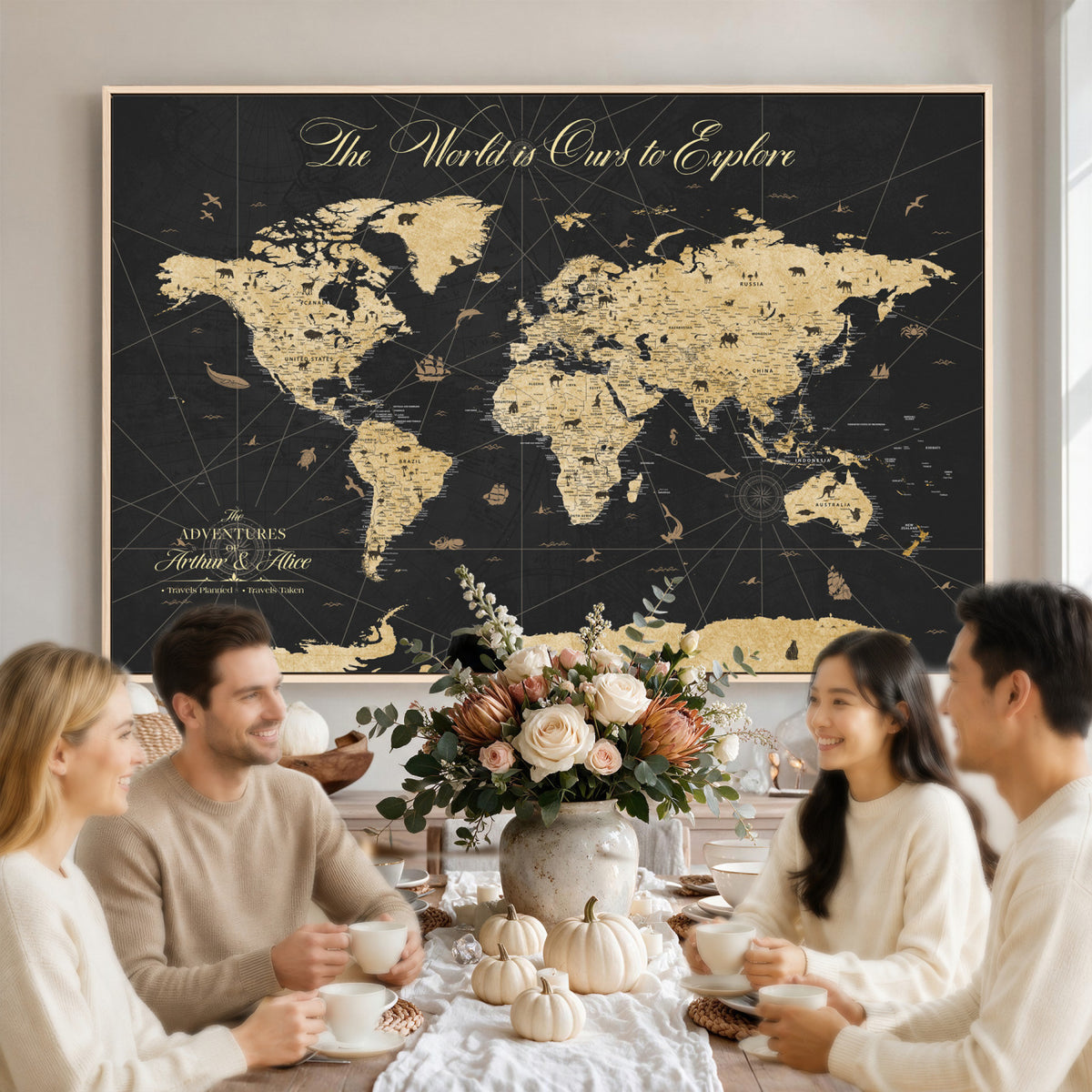 54097664-MGV-CV-36X24 - Custom Push Pin World Map Canvas Print, Couples Countries Visited Map, Living Room and Home Office Decor