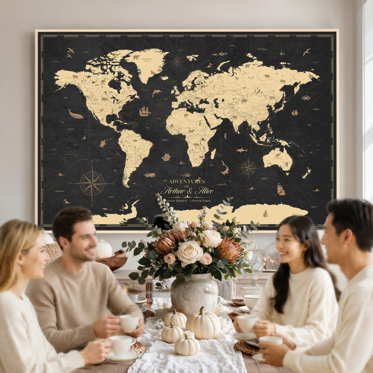 23208482-MGV-CV-36X24 - Custom Push Pin World Map Wall Art Canvas Print | Personalized Travel Tracker with Pins Framed Large for Home and Office Decor