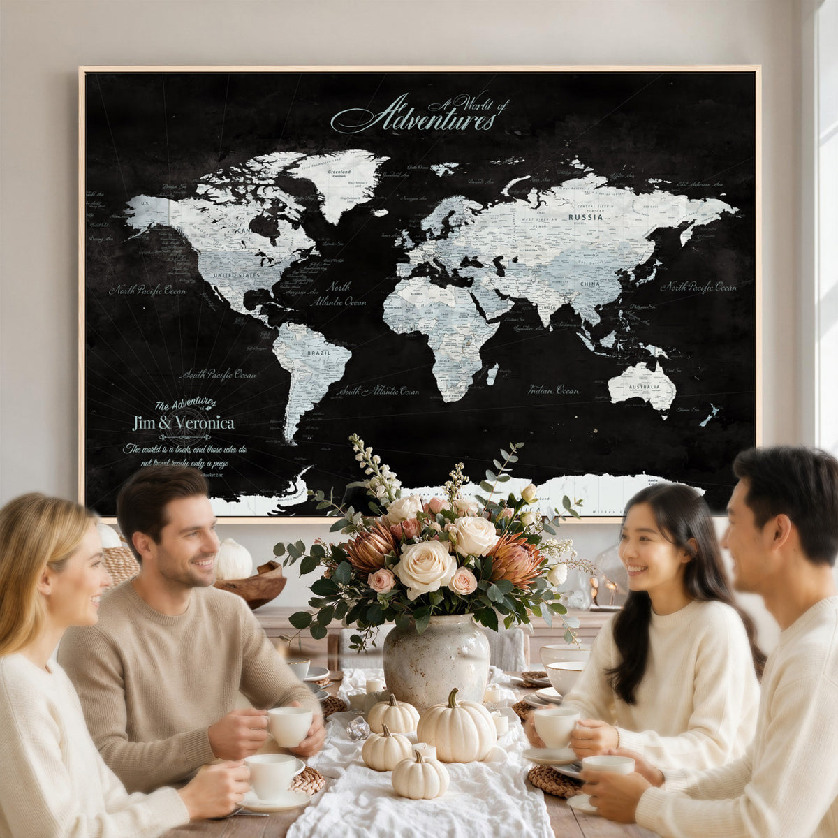 67491071-MGV-CV-36X24 - Custom Beige World Travel Map Wall Art with Pins, Places Visited Tracker, Bedroom and Home Office Decor