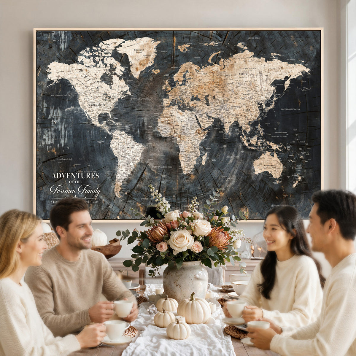 77865338-MGV-CV-36X24 - Personalized Framed Beige Push Pin World Map Canvas Print, Bucket List Map, Living Room and Hallway Decor
