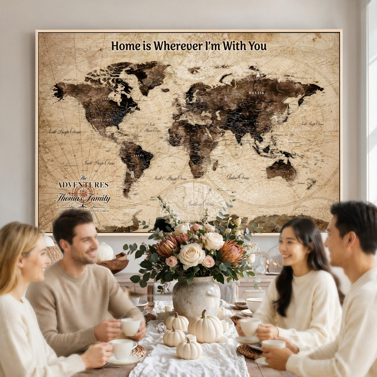 74771891-MGV-CV-36X24 - Personalized Framed Beige Modern World Travel Map Wall Art with Pins, Family Adventure Map, Living Room and Hallway Decor
