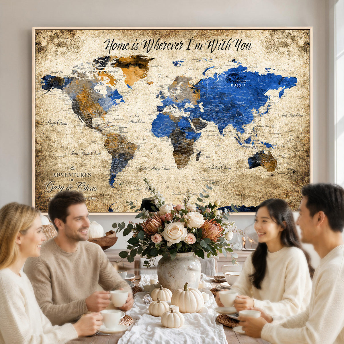 13332533-MGV-CV-36X24 - Personalized Framed Beige World Map Canvas with Push Pins, Honeymoon and Anniversary Gift, Living Room and Home Office Decor
