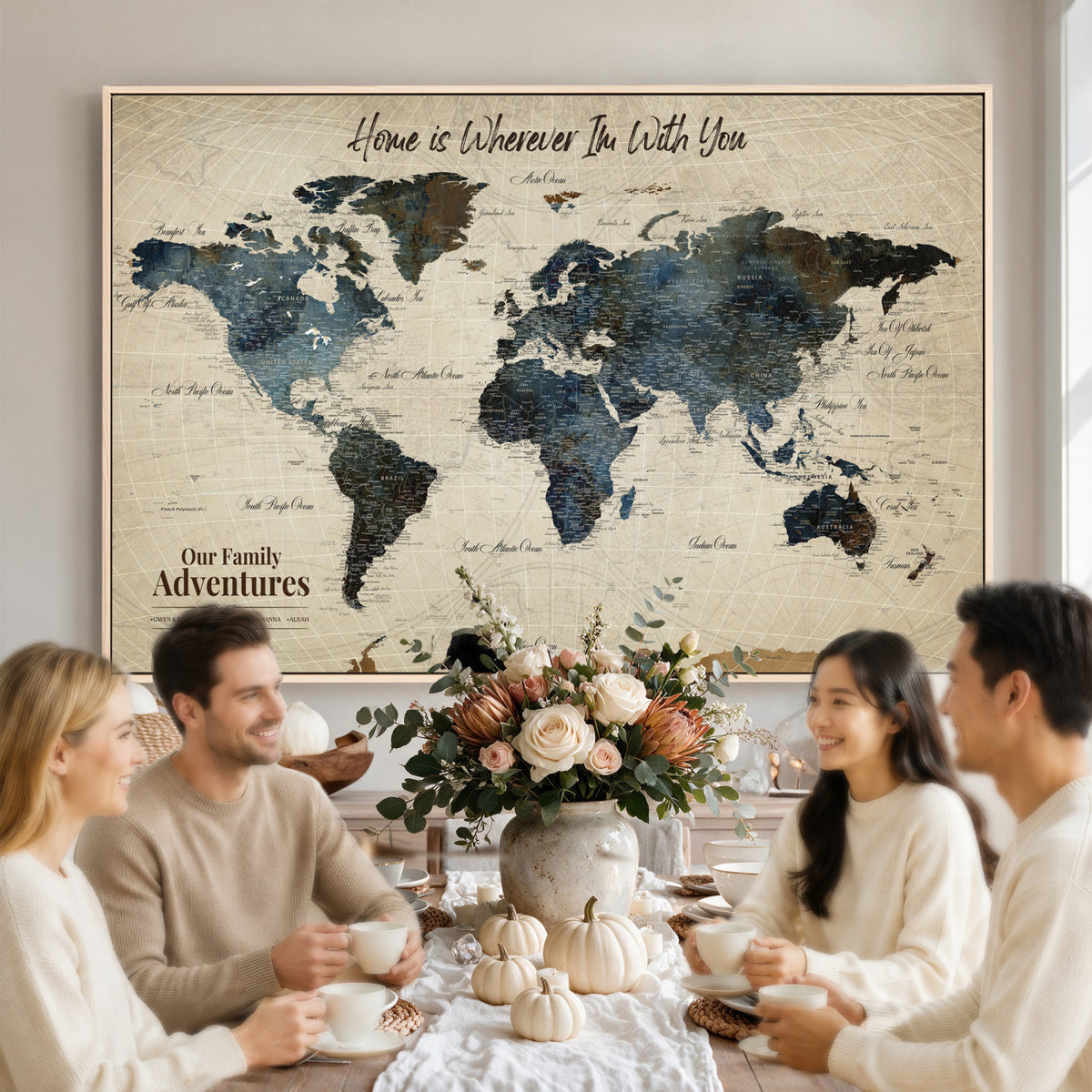 51383535-MGV-CV-36X24 - Personalized Framed Black Modern Push Pin Travel Map Canvas Print, Family Travel Tracker, Home Office and Entryway Decor