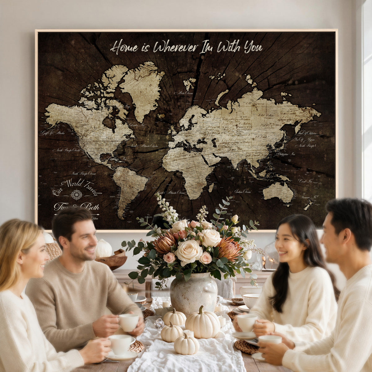 46573259-MGV-CV-36X24 - Personalized Watercolor Push Pin World Map Canvas Wall Art, Custom Framed Travel Map - NEWMAP-094