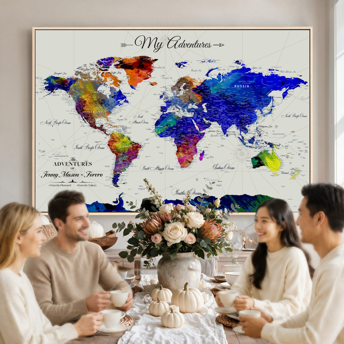 45423989-MGV-CV-36X24 - Detailed Custom Framed Beige Modern World Map Canvas with Push Pins, Honeymoon and Anniversary Gift, Dining Room and Home Office Decor