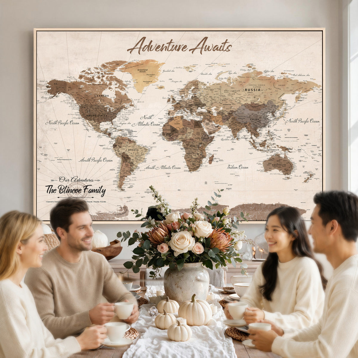 64110351-MGV-CV-36X24 - Custom Framed White Modern World Map Canvas with Push Pins, Places Visited Tracker, Dining Room and Entryway Decor