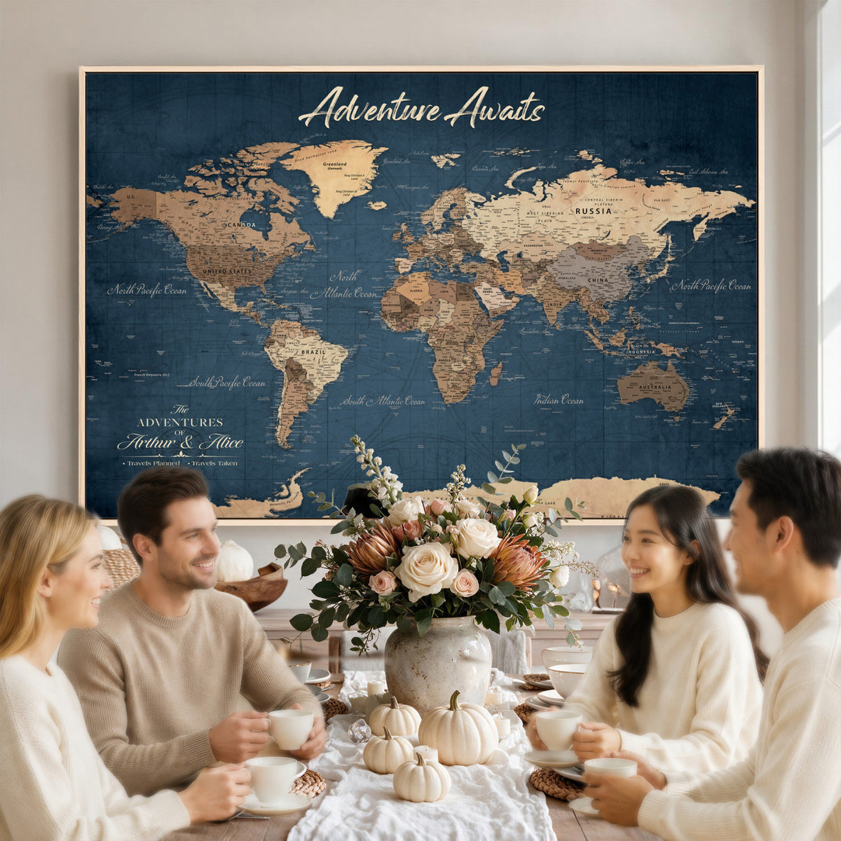 64110391-MGV-CV-36X24 - Personalized White Vintage World Travel Map Wall Art with Pins, Next Trip Planner Map, Family Room and Dining Room Decor