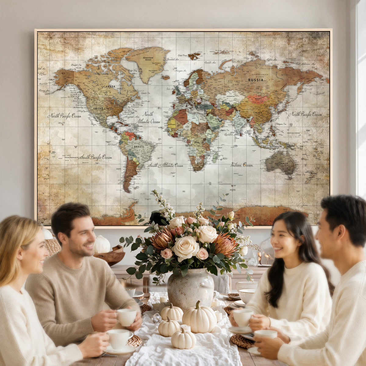 19855445-MGV-CV-36X24 - Custom Framed Modern Push Pin World Map Wall Art, Places Visited Tracker, Home Office and Entryway Decor