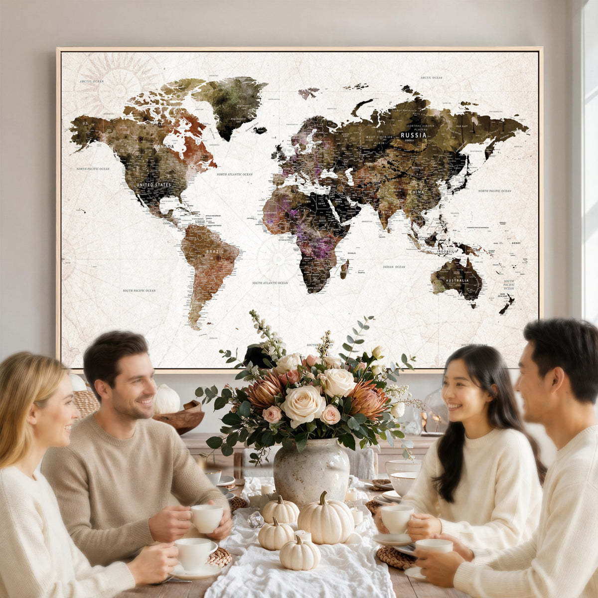 77651968-MGV-CV-36X24 - Watercolor World Map Print - Large Wall Art Canvas Print for