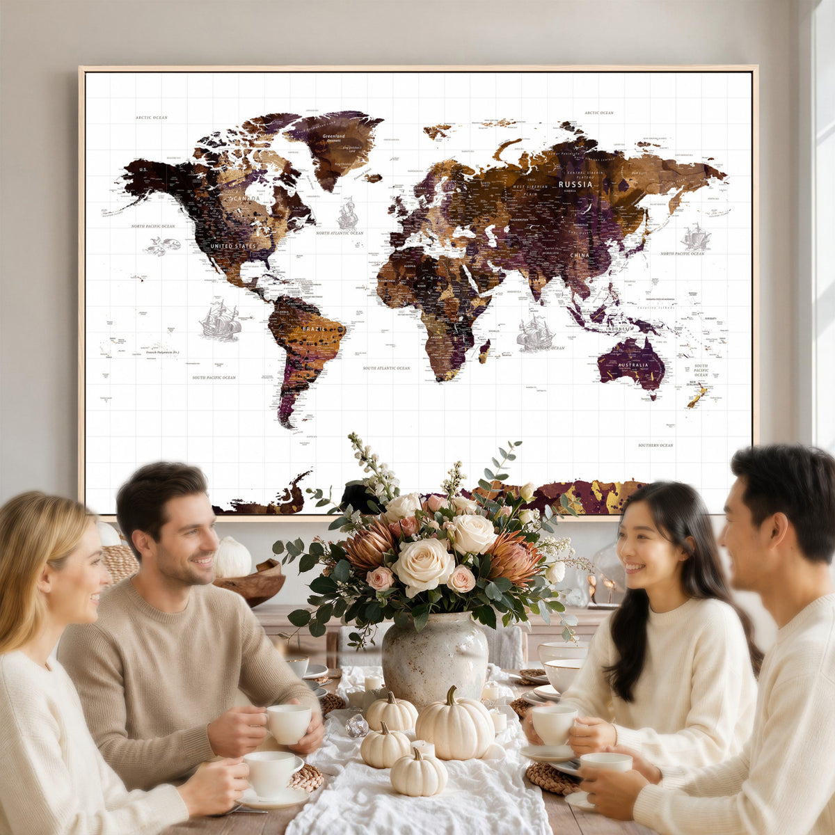 34792695-MGV-CV-36X24 - Rustic World Map Wall Art Canvas Print | Large Vintage Blue World Map on Wood Grain Style Background